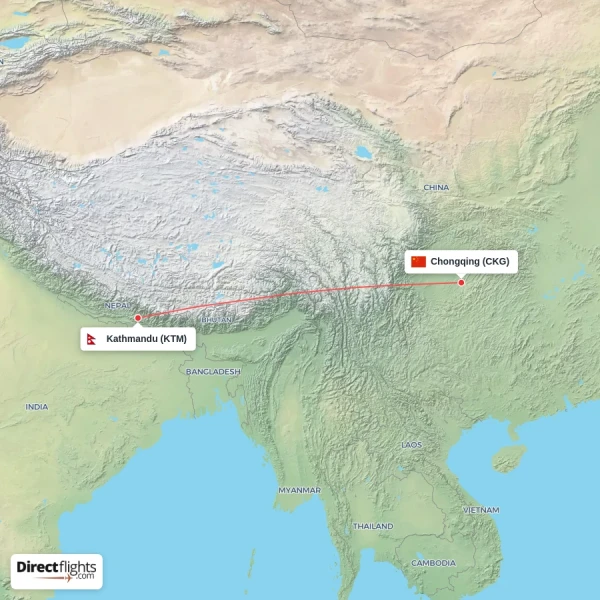 Kathmandu - Chongqing direct flight map