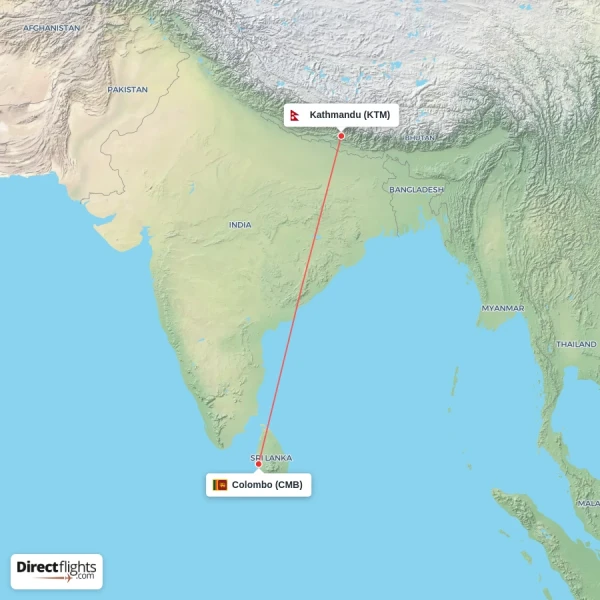 Kathmandu - Colombo direct flight map