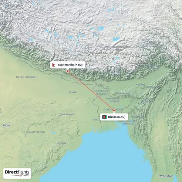 Kathmandu - Dhaka direct flight map