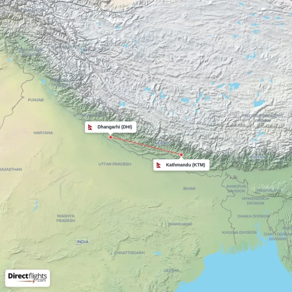 Kathmandu - Dhangarhi direct flight map