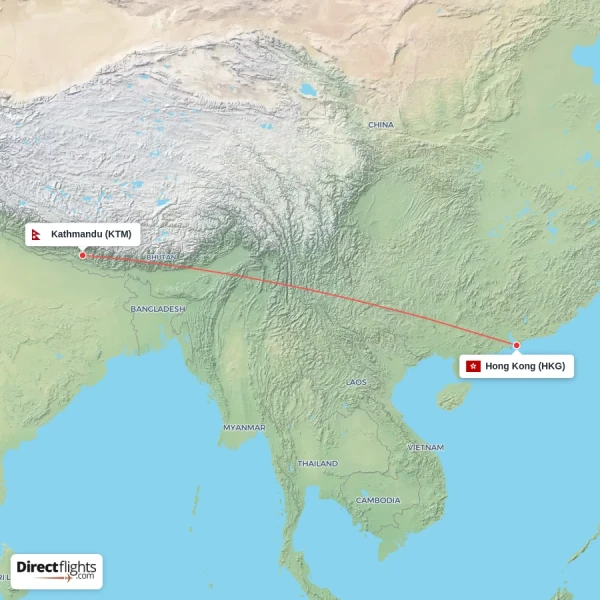 Kathmandu - Hong Kong direct flight map