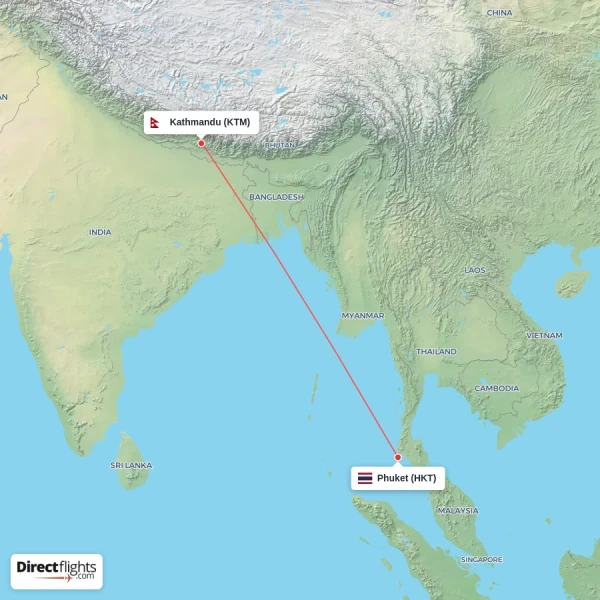 Kathmandu - Phuket direct flight map