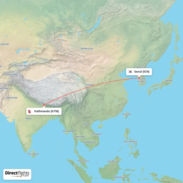 Kathmandu - Seoul direct flight map