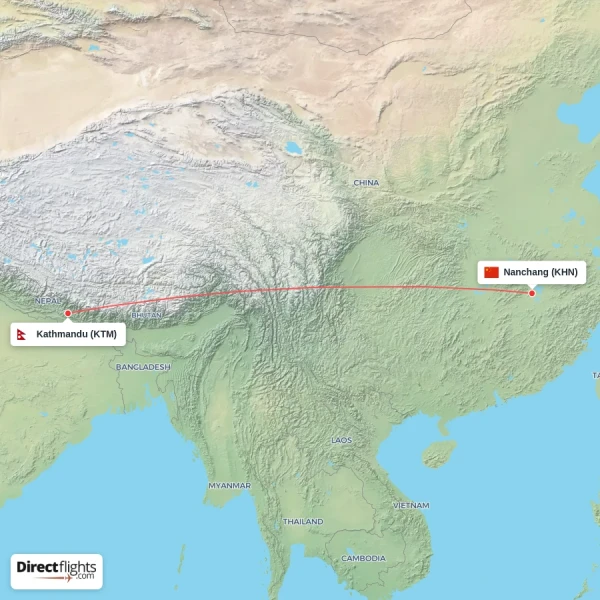 Kathmandu - Nanchang direct flight map