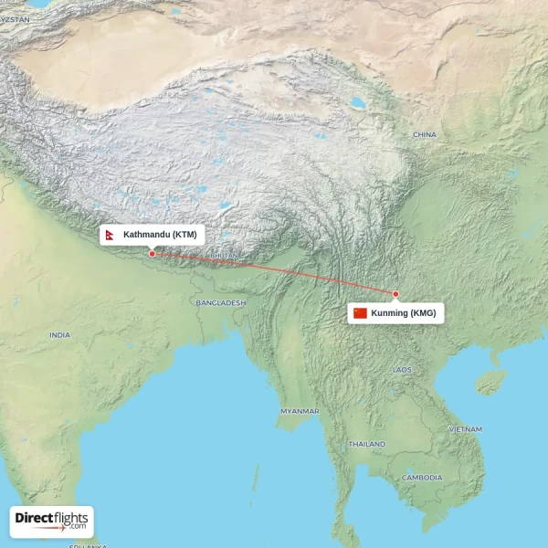 Kathmandu - Kunming direct flight map