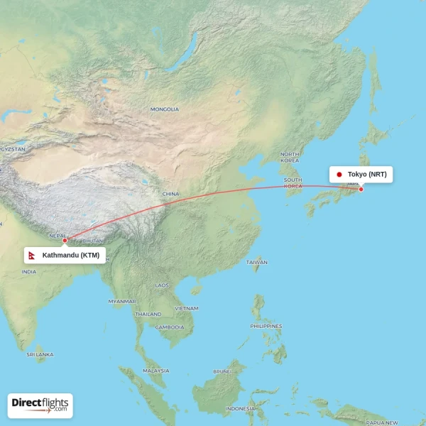 Kathmandu - Tokyo direct flight map
