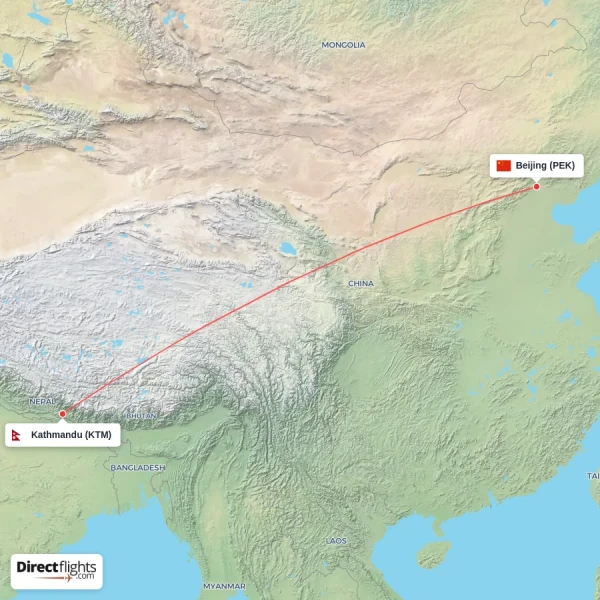 Kathmandu - Beijing direct flight map