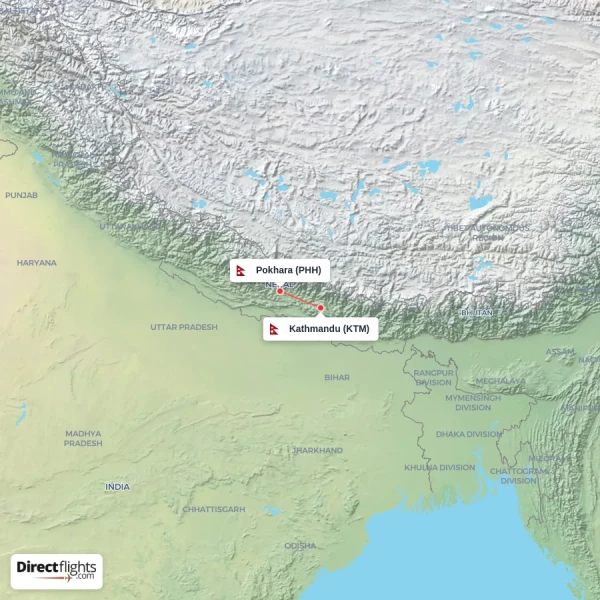 Kathmandu - Pokhara direct flight map