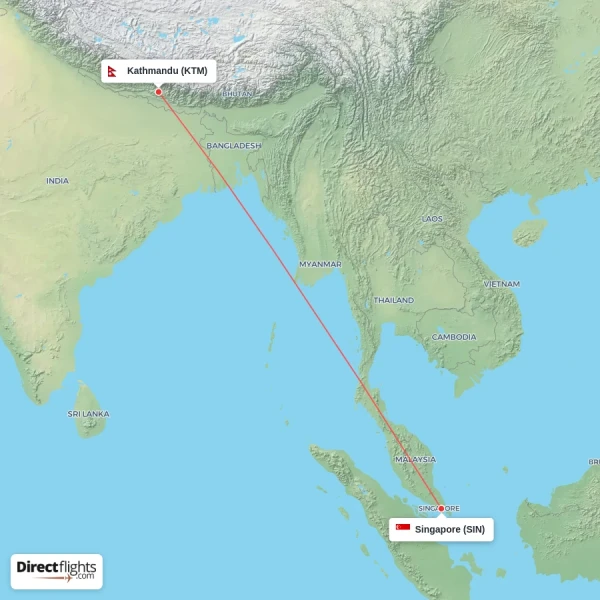 Kathmandu - Singapore direct flight map