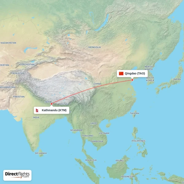 Kathmandu - Qingdao direct flight map