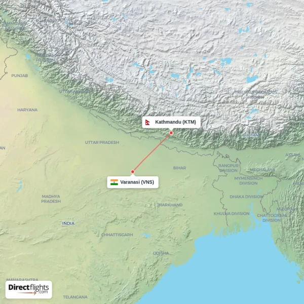 Kathmandu - Varanasi direct flight map