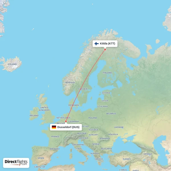Kittila - Dusseldorf direct flight map