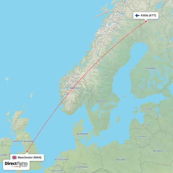 Kittila - Manchester direct flight map