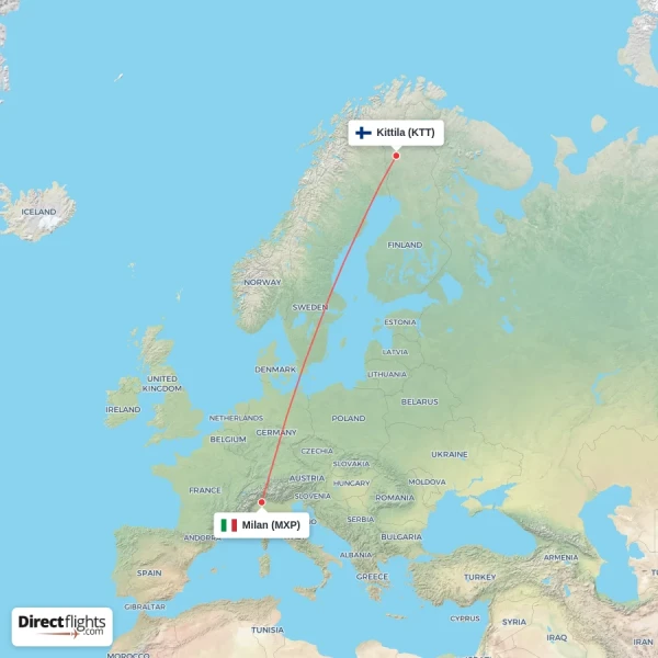 Kittila - Milan direct flight map