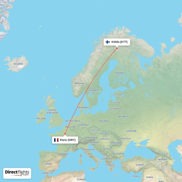 Kittila - Paris direct flight map