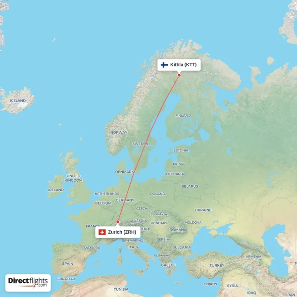 Kittila - Zurich direct flight map