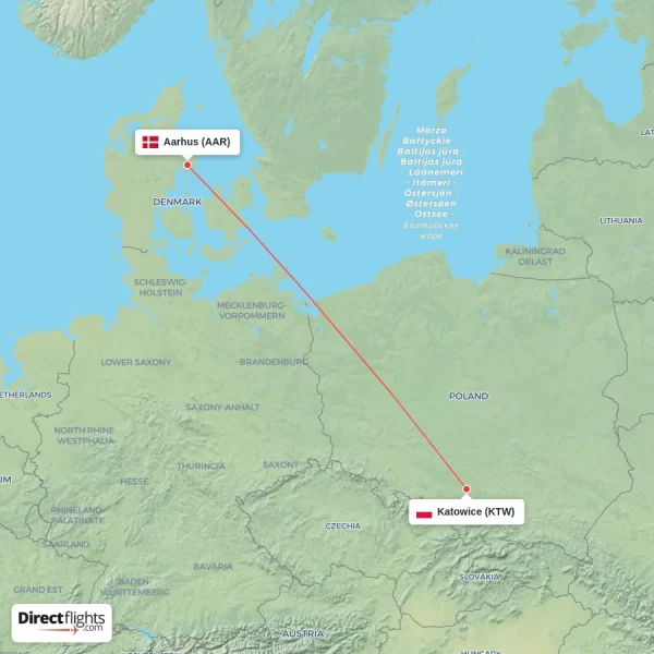 Katowice - Aarhus direct flight map