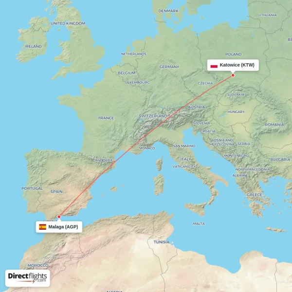 Katowice - Malaga direct flight map
