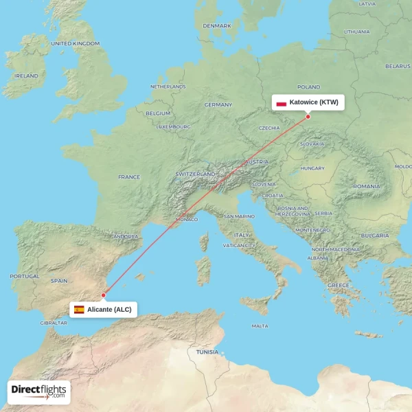 Katowice - Alicante direct flight map