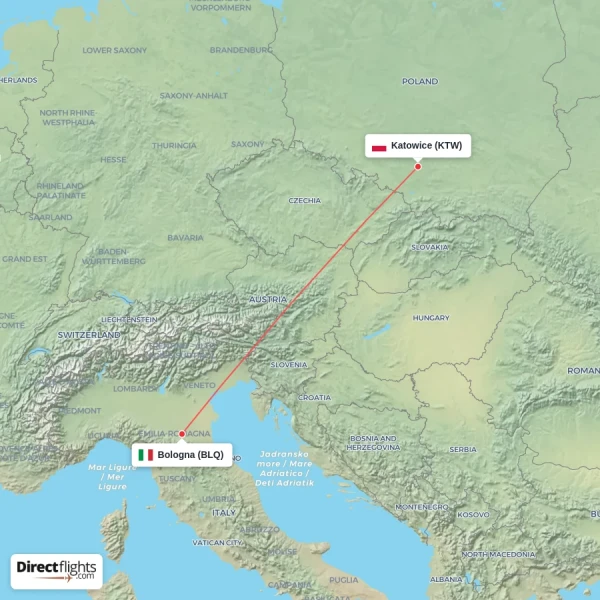 Katowice - Bologna direct flight map