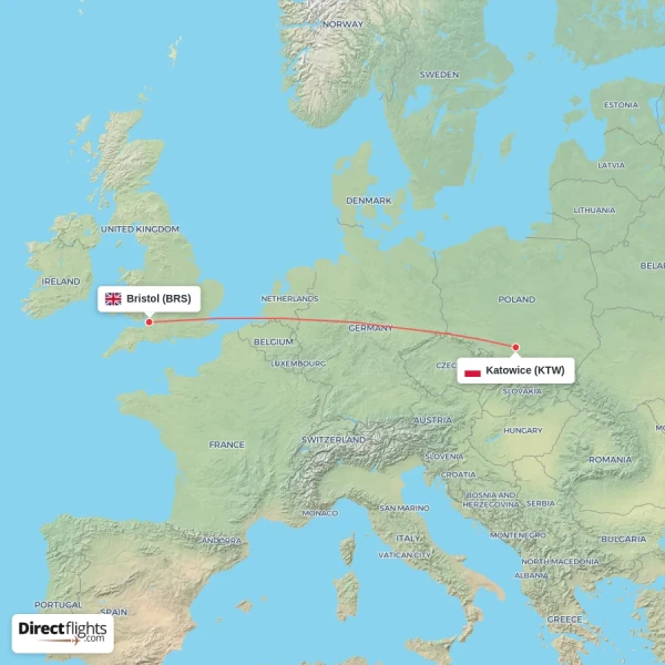 Katowice - Bristol direct flight map