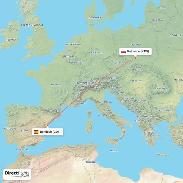Katowice - Benlloch direct flight map