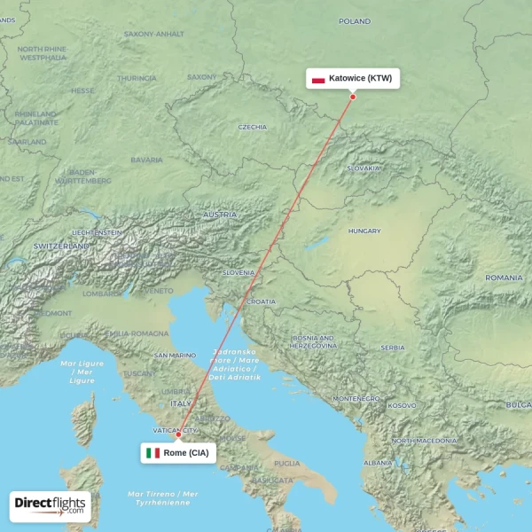 Katowice - Rome direct flight map
