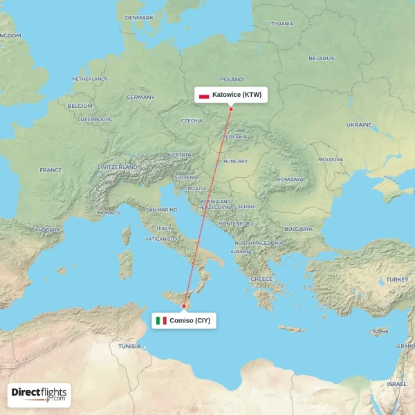 Katowice - Comiso direct flight map
