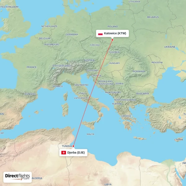 Katowice - Djerba direct flight map