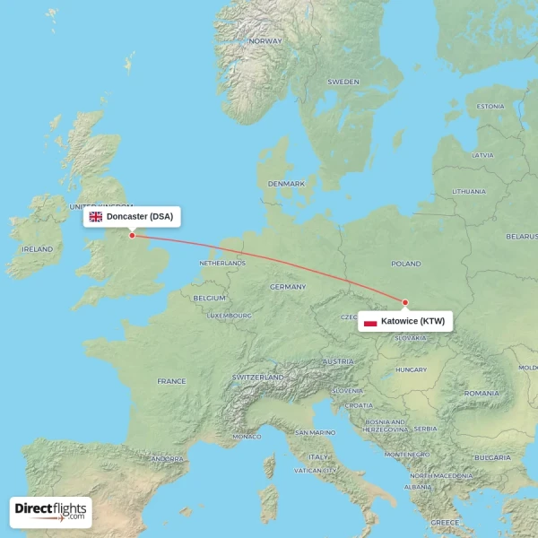 Katowice - Doncaster direct flight map