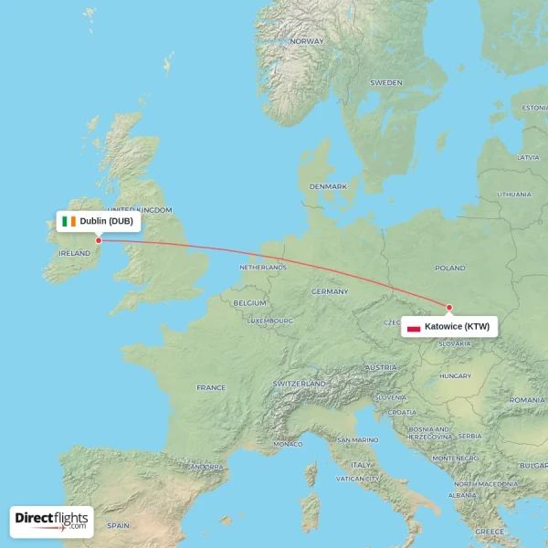 Katowice - Dublin direct flight map