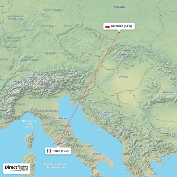 Katowice - Rome direct flight map