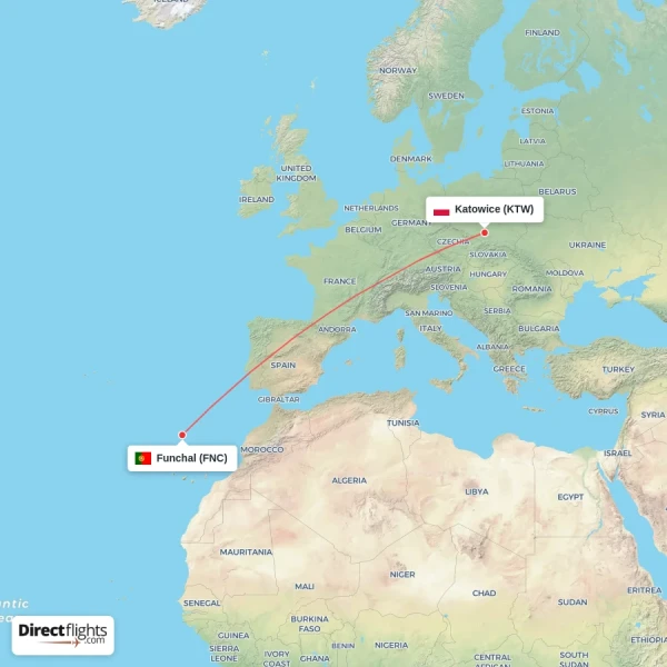 Katowice - Funchal direct flight map