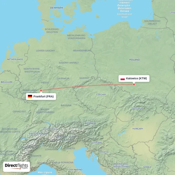 Katowice - Frankfurt direct flight map