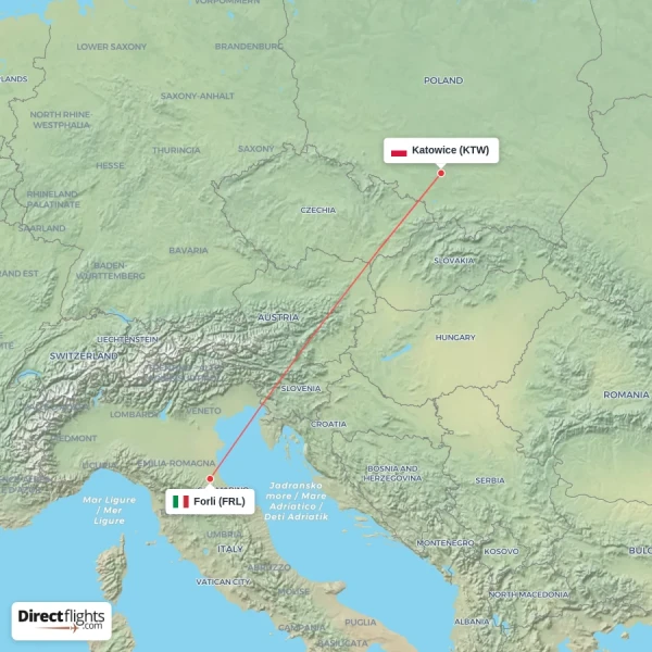 Katowice - Forli direct flight map