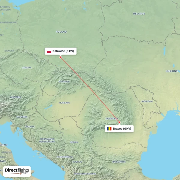 Katowice - Brasov direct flight map