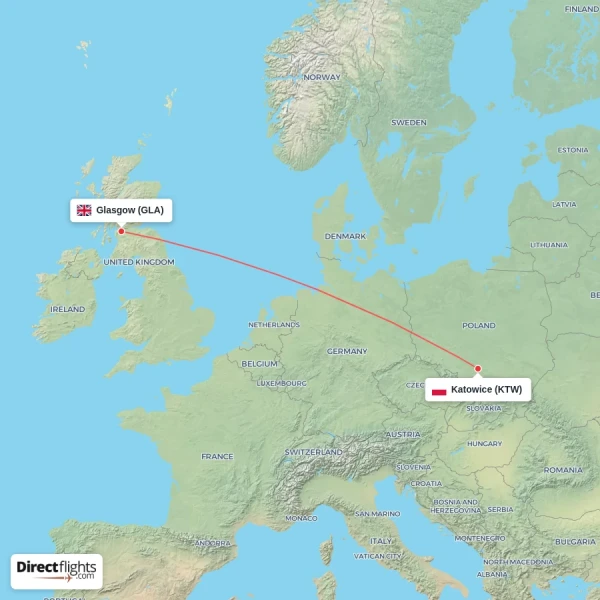 Katowice - Glasgow direct flight map