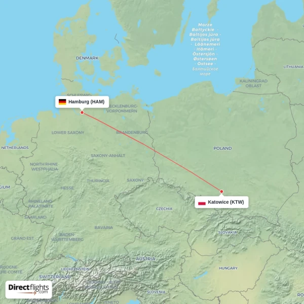 Katowice - Hamburg direct flight map