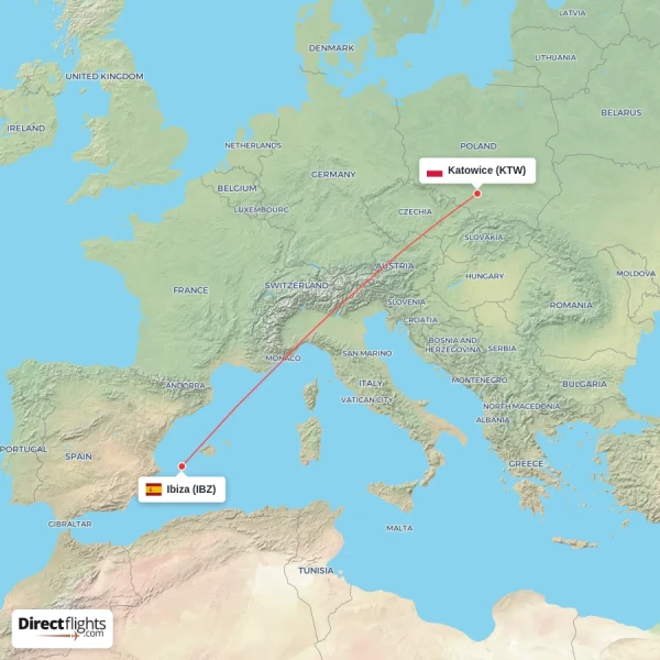 Katowice - Ibiza direct flight map