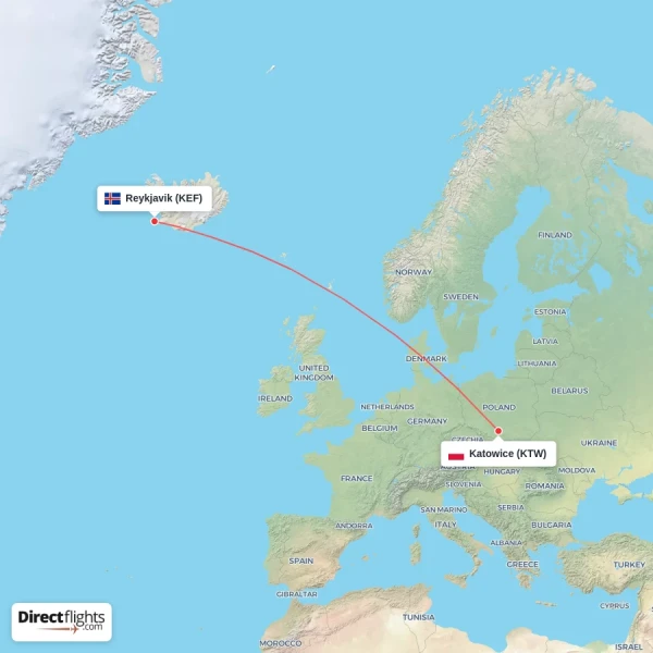 Katowice - Reykjavik direct flight map