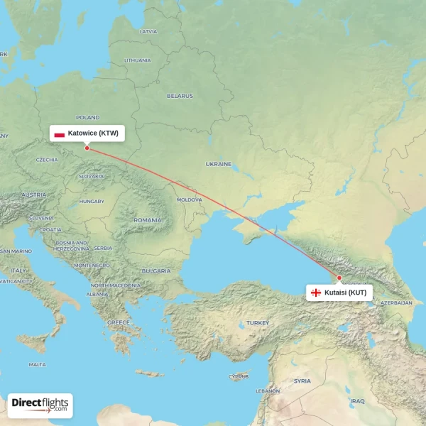 Katowice - Kutaisi direct flight map