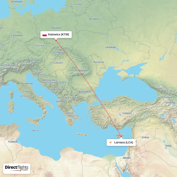 Katowice - Larnaca direct flight map