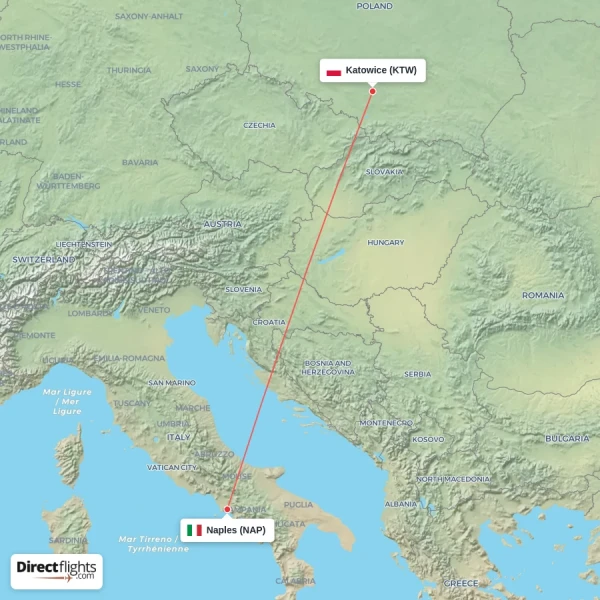 Katowice - Naples direct flight map