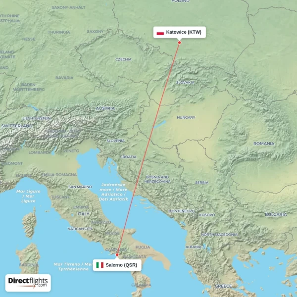 Katowice - Salerno direct flight map