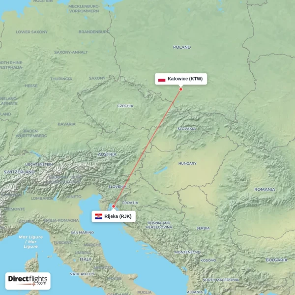 Katowice - Rijeka direct flight map