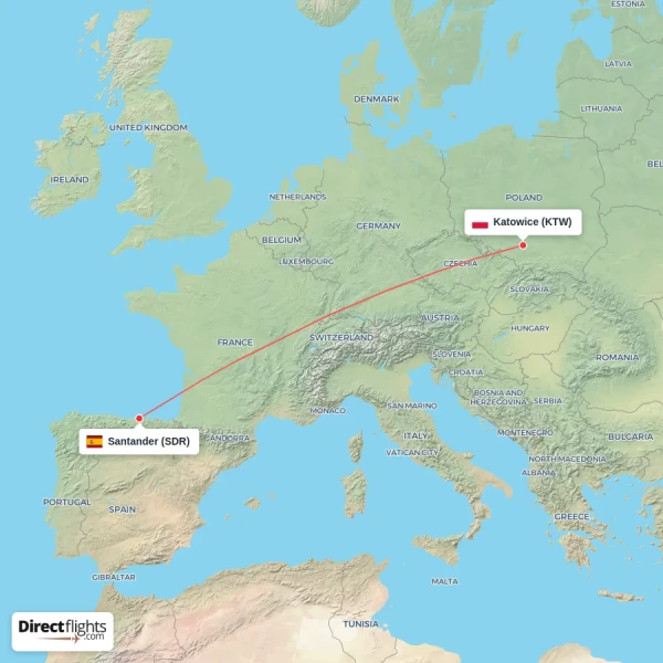 Katowice - Santander direct flight map