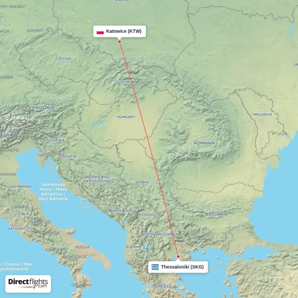Katowice - Thessaloniki direct flight map