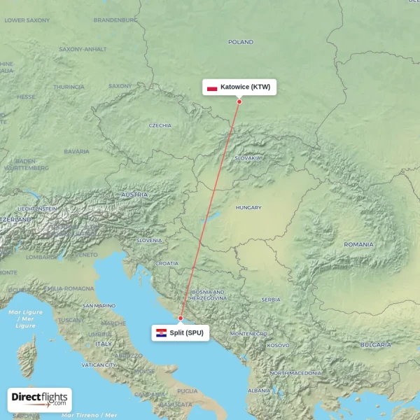 Katowice - Split direct flight map