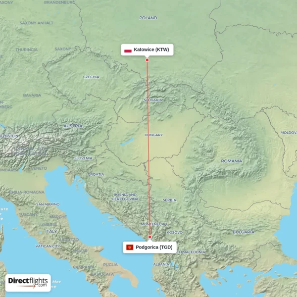 Katowice - Podgorica direct flight map