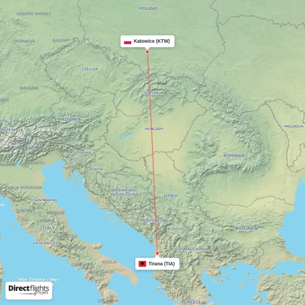 Katowice - Tirana direct flight map